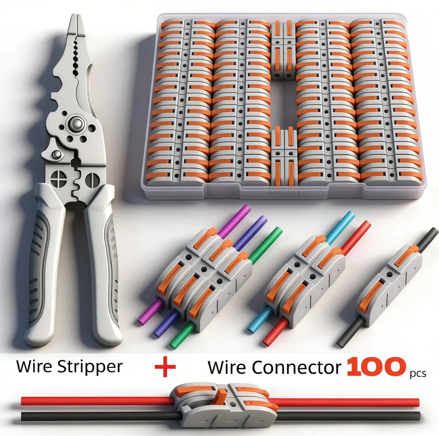 Professional Wire Connection Assortment Kit with Wire Stripper and 50-100 Lever Connectors for 28-12 AWG Wires - Safe and Reliable for Home, Office, and Factory Use, Featuring Durable Connectors and Quick Snap Technology, Includes Butt Splice and Heat Shr