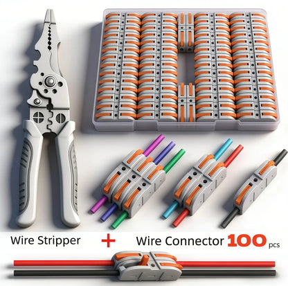 Professional Wire Connection Assortment Kit with Wire Stripper and 50-100 Lever Connectors for 28-12 AWG Wires - Safe and Reliable for Home, Office, and Factory Use, Featuring Durable Connectors and Quick Snap Technology, Includes Butt Splice and Heat Shr