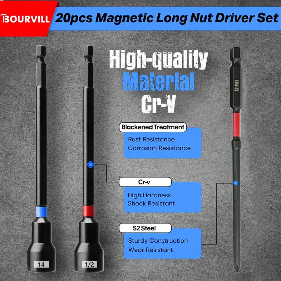 23-Piece Magnetic Nut Driver Set with 6-Inch Nut Drivers for Impact Drills, Includes SAE & Metric 1/4-Inch Hex Shank Bits, Power Screwdriver Bits (PH1/PH2/SL5/T20), and Storage Bag