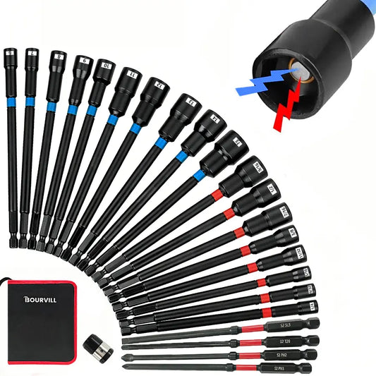 23-Piece Magnetic Nut Driver Set with 6-Inch Nut Drivers for Impact Drills, Includes SAE & Metric 1/4-Inch Hex Shank Bits, Power Screwdriver Bits (PH1/PH2/SL5/T20), and Storage Bag