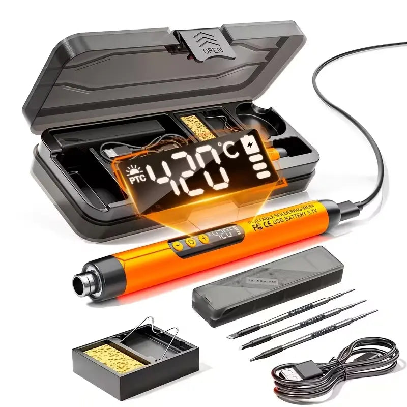 Dual-Use USB and Battery Soldering Iron with Adjustable 3-Speed Temperature and Digital Display, Complete with 3 Soldering Tips