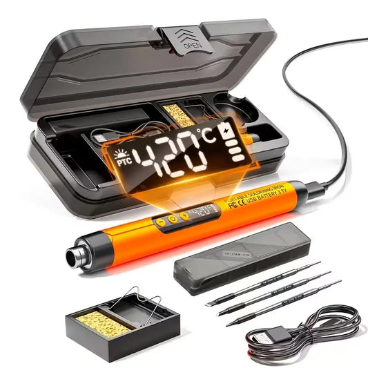 Dual-Use USB and Battery Soldering Iron with Adjustable 3-Speed Temperature and Digital Display, Complete with 3 Soldering Tips