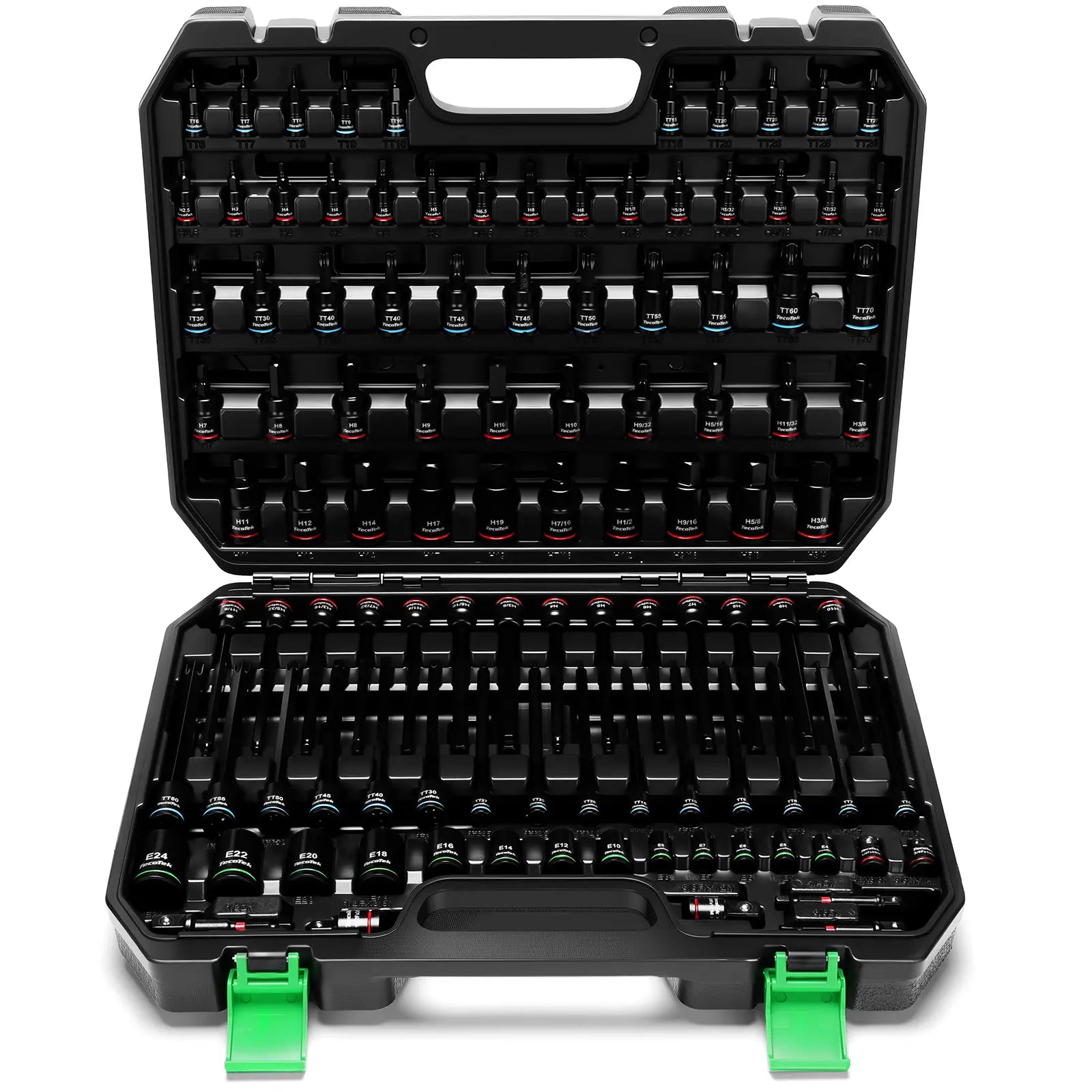 Tecotek 105-Piece Master Allen and Torx Bit Socket Set, Hex and Tamper Proof Torx/E-Torx Bit Set, 1/4", 3/8", and 1/2" Drive, Made from CR-V and S2 Steel, Includes E4 - E24 and TT6-TT70, with Socket/Drill Adapter