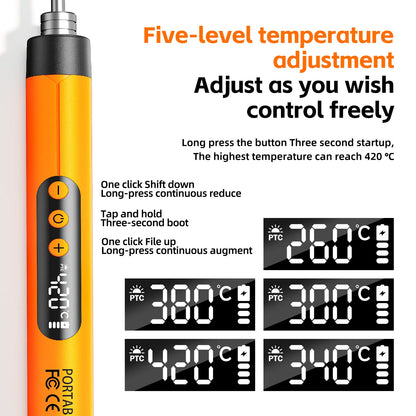 Dual-Use USB and Battery Soldering Iron with Adjustable 3-Speed Temperature and Digital Display, Complete with 3 Soldering Tips