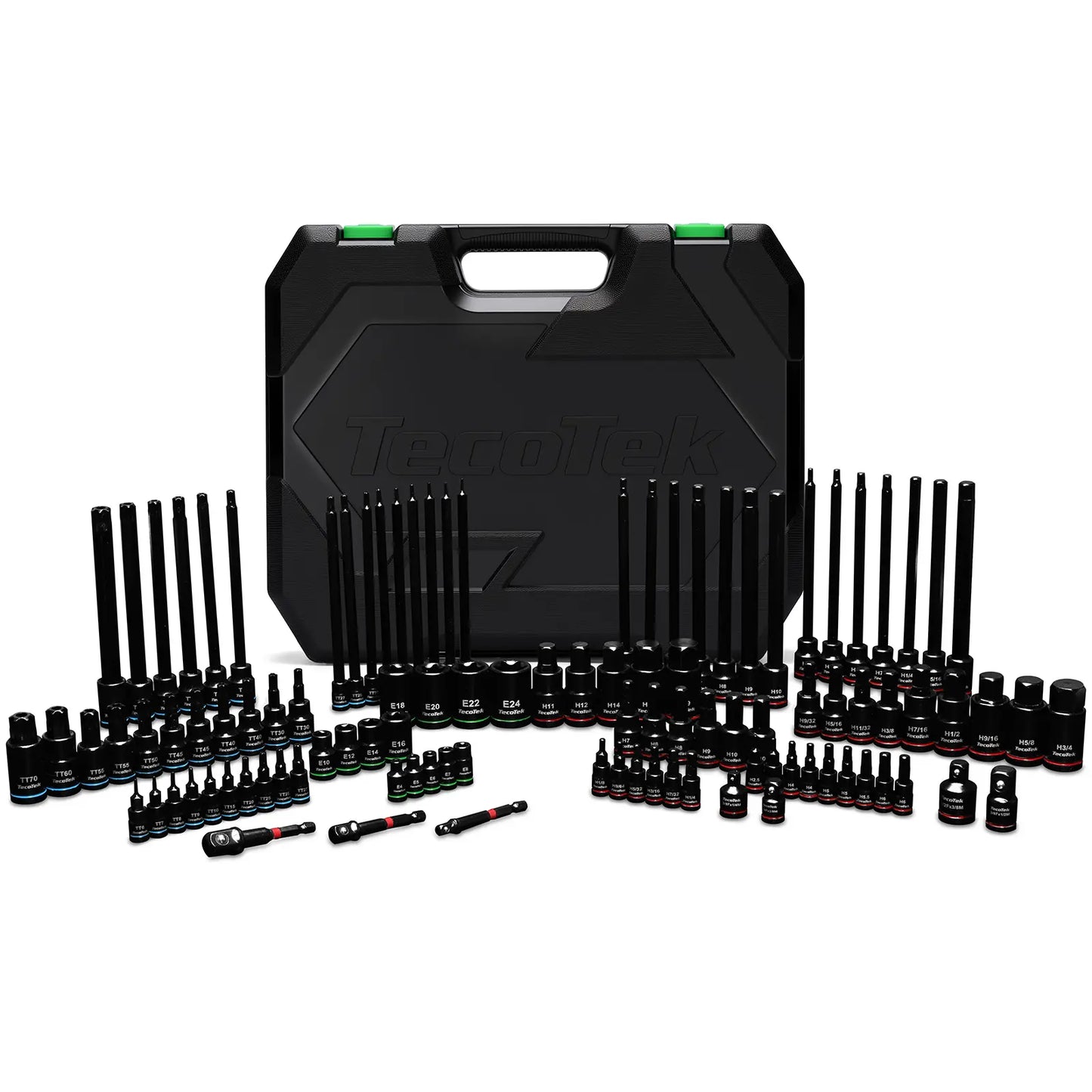 Tecotek 105-Piece Master Allen and Torx Bit Socket Set, Hex and Tamper Proof Torx/E-Torx Bit Set, 1/4", 3/8", and 1/2" Drive, Made from CR-V and S2 Steel, Includes E4 - E24 and TT6-TT70, with Socket/Drill Adapter