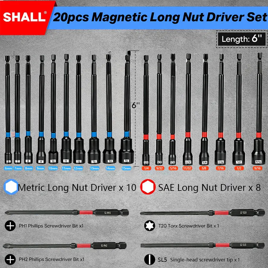 23-Piece Magnetic Nut Driver Set with 6-Inch Nut Drivers for Impact Drills, Includes SAE & Metric 1/4-Inch Hex Shank Bits, Power Screwdriver Bits (PH1/PH2/SL5/T20), and Storage Bag