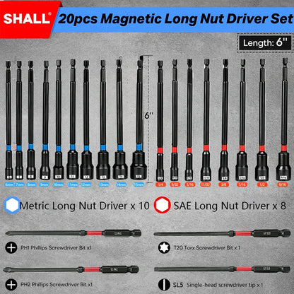 23-Piece Magnetic Nut Driver Set with 6-Inch Nut Drivers for Impact Drills, Includes SAE & Metric 1/4-Inch Hex Shank Bits, Power Screwdriver Bits (PH1/PH2/SL5/T20), and Storage Bag